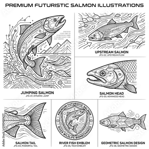 Detailed collection of futuristic salmon vector illustrations featuring mechanical fish designs with geometric lines circuit patterns and cybernetic elements perfect for modern branding projects requi