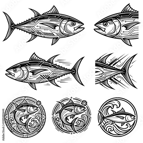 Detailed black and white vector graphic set featuring stylized tuna fish designs with intricate mechanical circuit patterns and circular emblems suitable for modern branding projects or creative marin