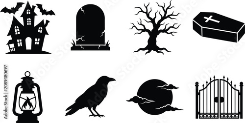 Halloween graveyard silhouette icon bundle vector