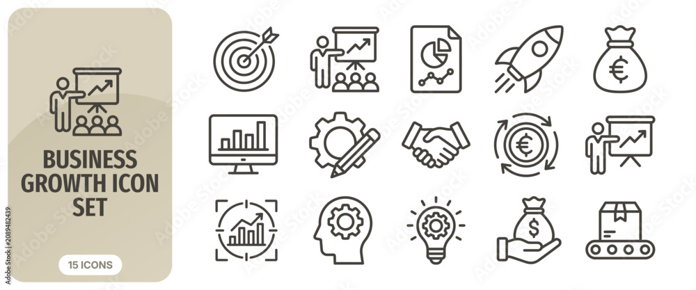 Fototapeta premium Business growth icon set, thin line style, vector illustration collection of business development, strategy, finance, and marketing symbols for web and mobile apps