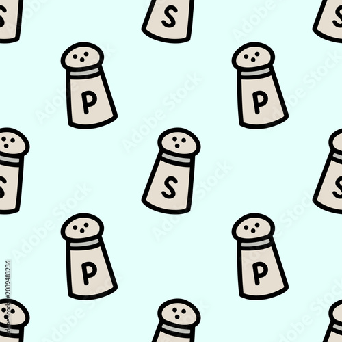 Salt and pepper shakers repeating seamless pattern on pastel blue background, perfect for fabric, kitchen decor