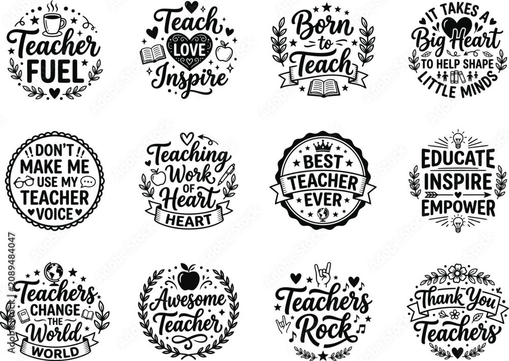 Fototapeta premium Black teacher appreciation quotes and illustrations isolated on transparent background