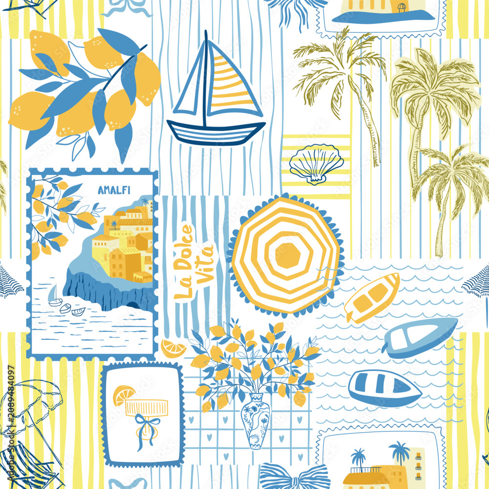 Fototapeta premium Summer la dolce vita yellow and blue seamless pattern. Cartoon hand drawn Mediterranean collage, Italian patchwork design, stripes, lemon, sailboats, Amalfi coast background. Vector wallpaper, textile
