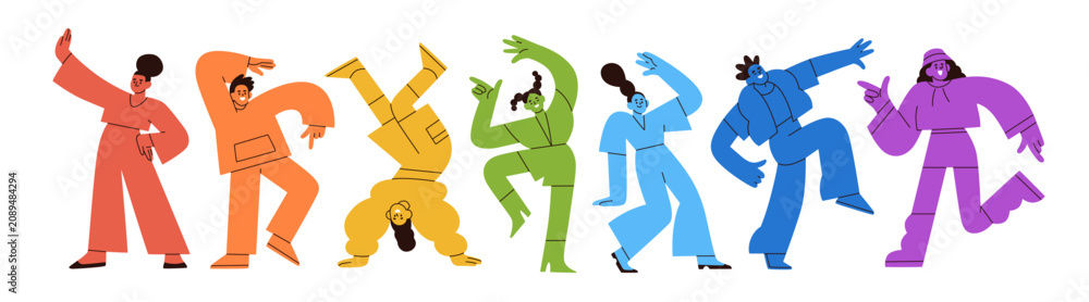 Fototapeta premium Rainbow-colored people dancing. Colorful characters in dance poses, celebrating with fun and joy movements. Joyful happy men and women in motion. Flat vector illustration isolated on white background