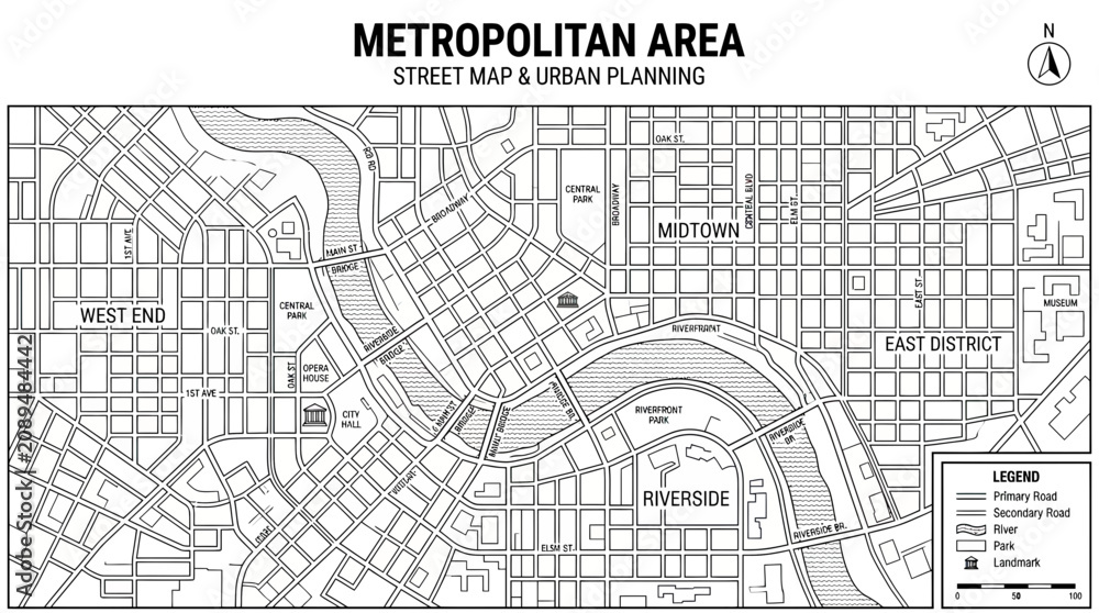 Fototapeta premium Metropolitan Area Street Map & Urban Planning - City Grid Layout
