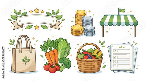 Farm fresh produce and market elements flat design vector
