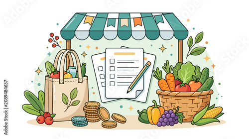 Farmers market shopping list and fresh produce illustration