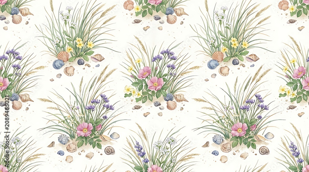 Fototapeta premium Vibrant summer flowers and seashells arranged in a decorative coastal pattern on a sandy beach