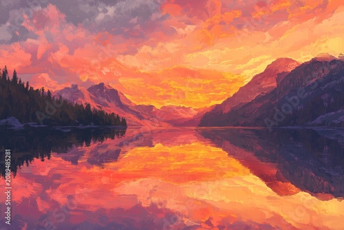 Vibrant sunset reflection over tranquil mountain lake