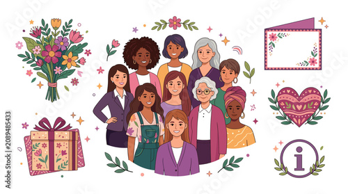 Diverse women group illustration with flowers gift and heart