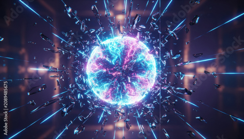 Quantum energy sphere glass barrier shatter glowing orb, neon light burst with shard fragment, abstract futuristic explosion in dark space
