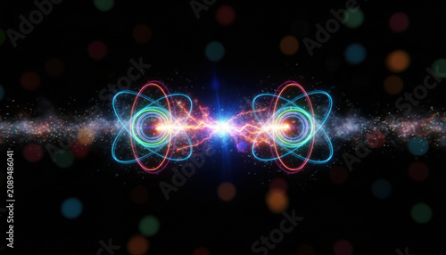 Atom neon glow magnetic connection, bright flash, particle energy, science background, quantum concept over dark space with colorful light trail and bokeh