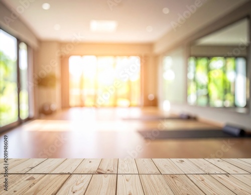 Wooden table space with blurred gym studio background
