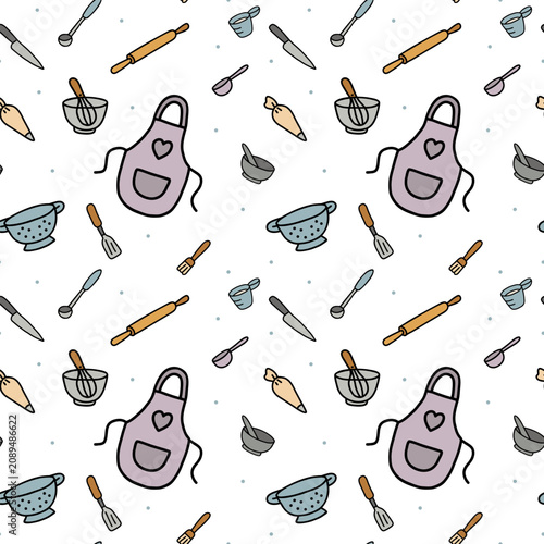 Kitchen utensils and aprons repeating seamless pattern on gray background, perfect for fabric, wrapping paper