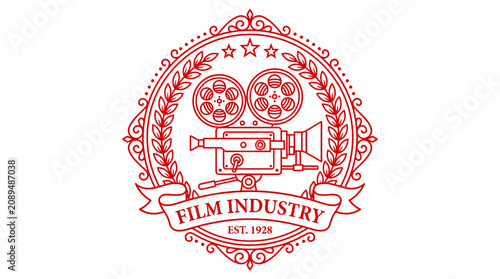 Schilderij op canvas Retro Film Industry Emblem with Vintage Camera and Laurel Wreath