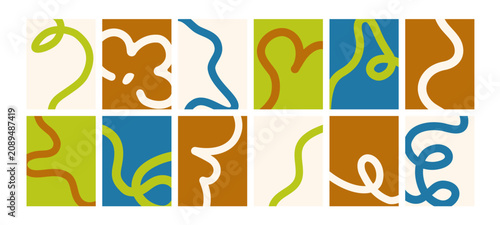 Modern style abstract poster designs with hand-drawn fluid line shapes. Creative cards, wall art backgrounds with organic curvy strokes, curves and squiggles pattern. Flat vector illustrations