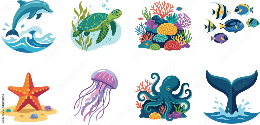 Obraz premium Marine Life Vector Icon Set Featuring Dolphin Sea Turtle Coral Reef Tropical Fish Jellyfish Octopus Starfish and Whale Tail