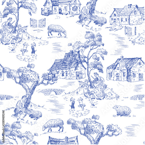 Women and men are making music, shepherdess is asleep, dancing dogs,  pastoral gallantry scene , a country house, cottage under  big trees, toile de Jouy blue  pattern for wallpaper, textile.