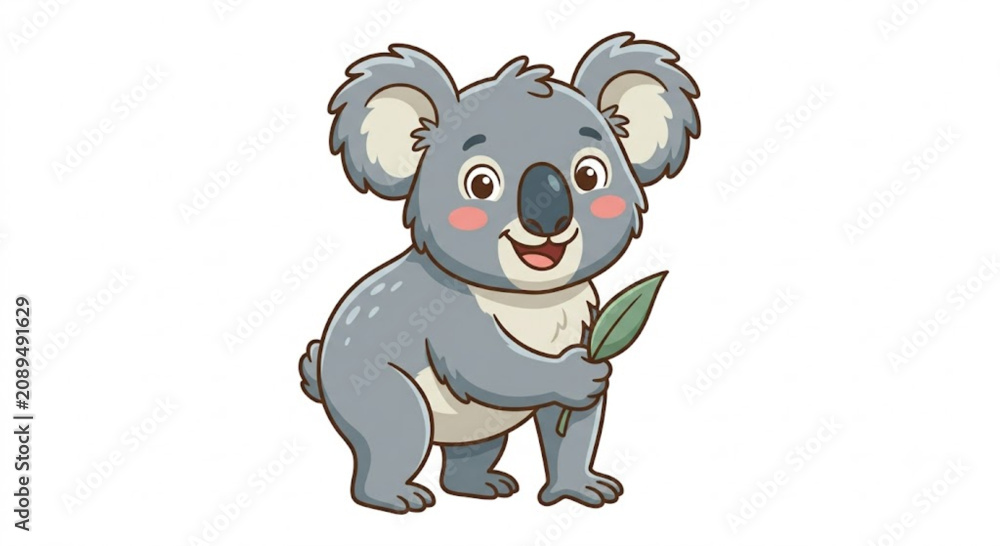 Naklejka premium Cute Cartoon Koala Holding a Eucalyptus Leaf Vector Illustration Isolated on White Background