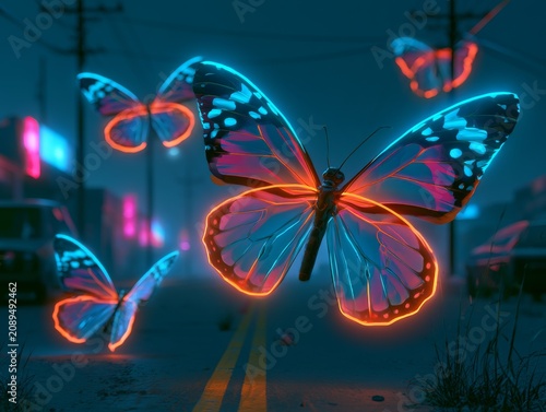 Neon butterflies replacing city lights at night, glowing urban surrealism, cinematic cyber atmosphere, ultra detailed illustration style. 