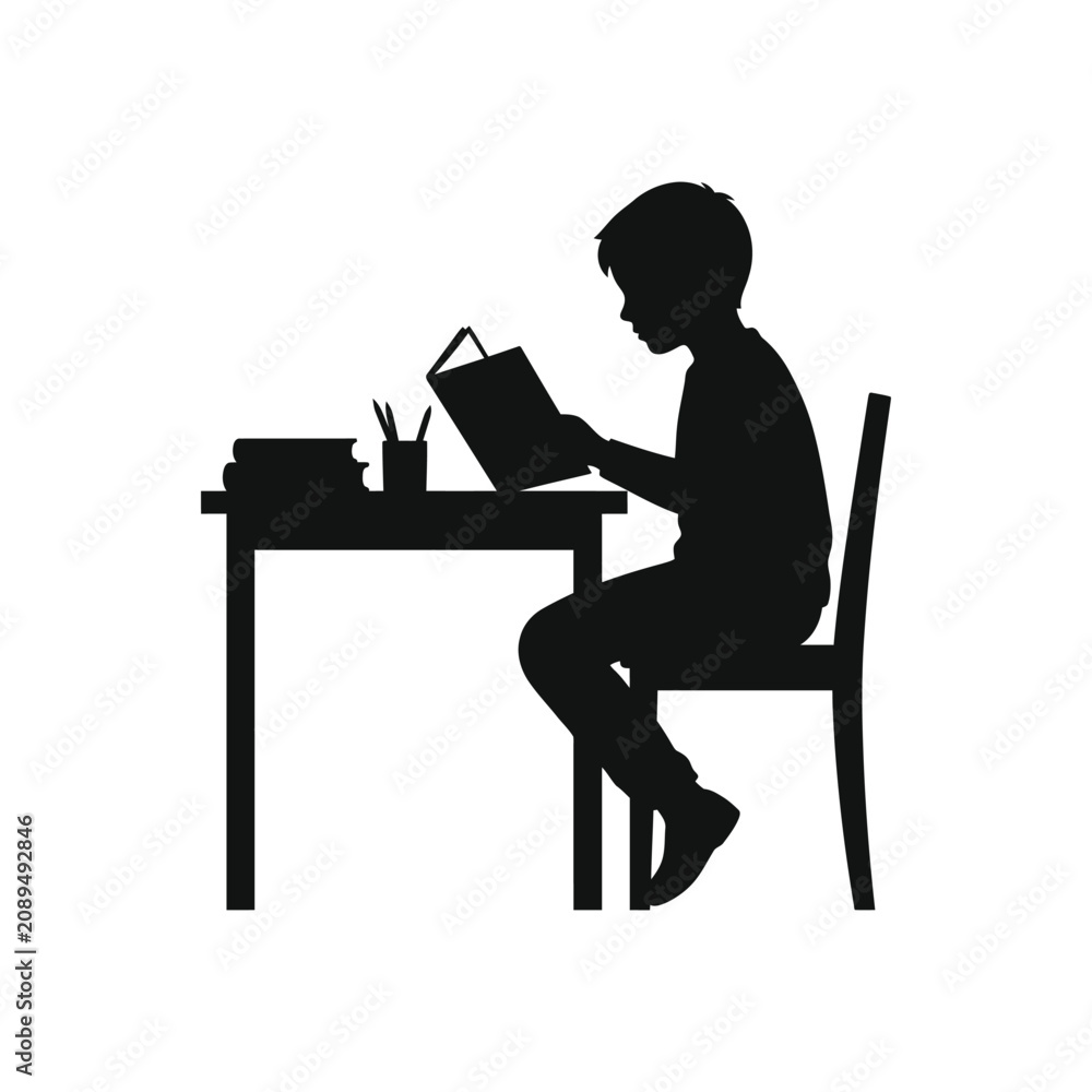 Fototapeta premium Silhouette child reading, kid sitting at desk, student learning, education icon isolated on White Background
