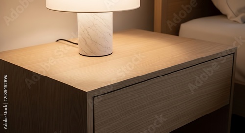 Illuminated modern table lamp on a wooden nightstand in a cozy bedroom setting