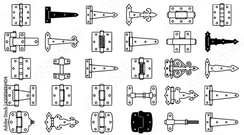 Various types of heavy duty door hinges and industrial mounting hardware designs in detailed black and white line art vector set for construction and furniture manufacturing