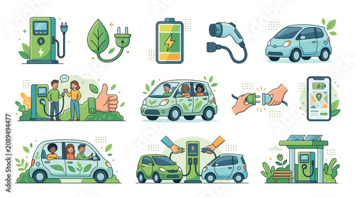 Electric car charging and eco friendly transport icons