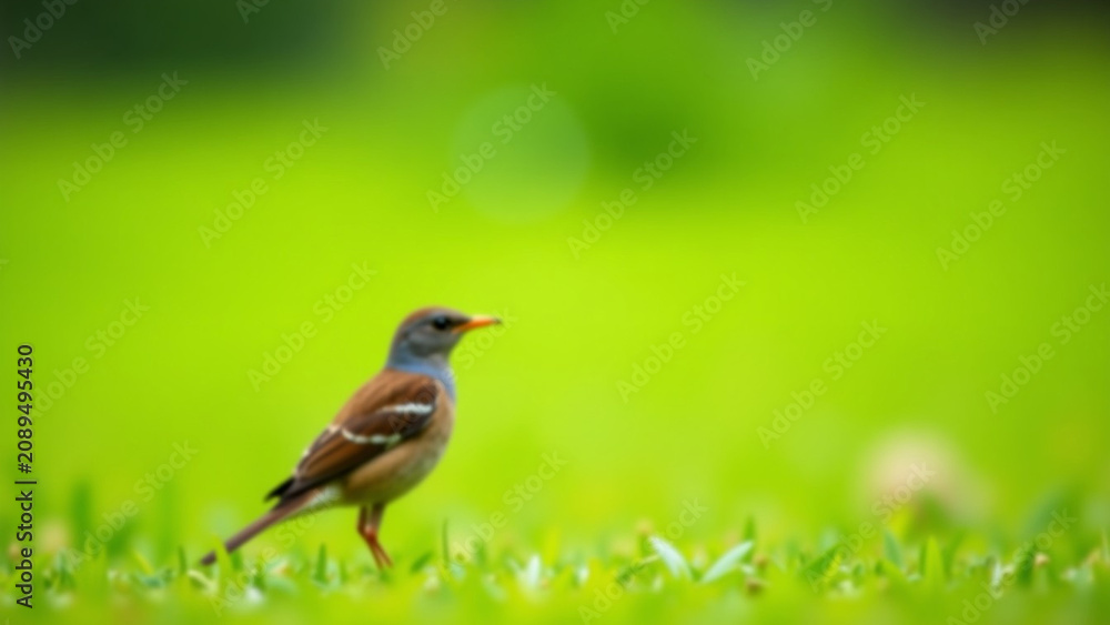 Fototapeta premium Mistle thrush bird standing iteration on green grass ar beautiful modern house creative design style