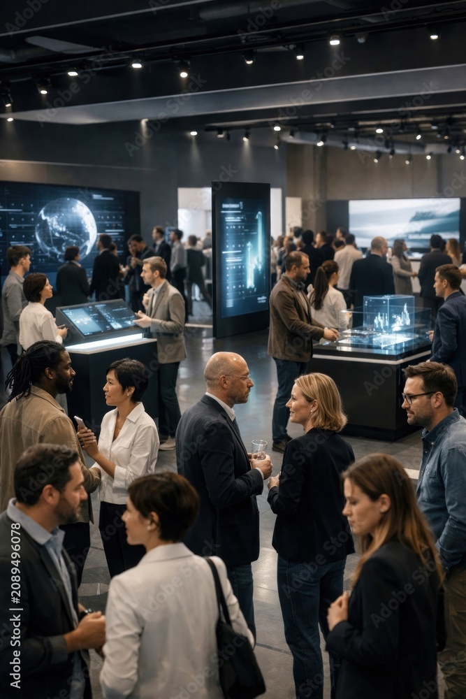 Obraz premium Diverse business professionals networking at a modern tech exhibition.