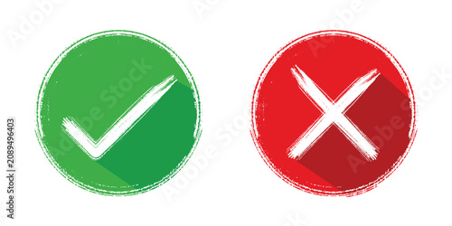 Green Check Mark and Red Cross Icon, Grunge Brush Circle Tick X Symbol Set