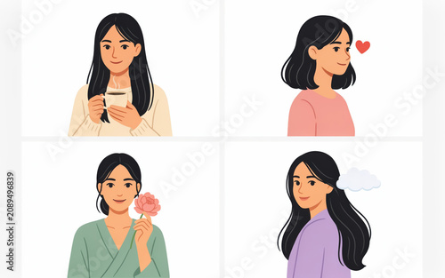Young woman expressing emotions with coffee rose and heart symbol during casual moments isolated on transparent background
