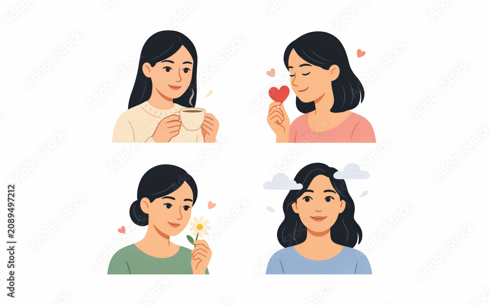 Fototapeta premium Young woman with diverse emotions and activities during daytime Isolated on transparent background