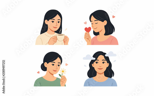 Young woman with diverse emotions and activities during daytime Isolated on transparent background