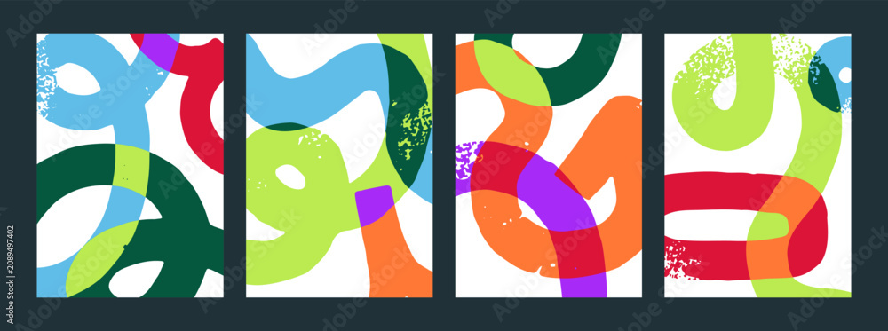 Fototapeta premium Abstract colorful posters set with bold overlapping ribbon, doodle lines. Curvy textured brushstrokes patterns, modern creative cards. Background designs with brush strokes. Flat vector illustrations