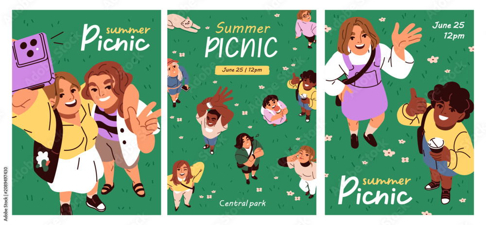 Fototapeta premium Summer picnic posters set with people outdoors, top view. Happy friends on grass, in park, nature from above, greeting, smiling, waving with hands, card designs, templates. Flat vector illustrations