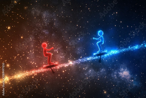 Cosmic balancing act with red and blue figures in space