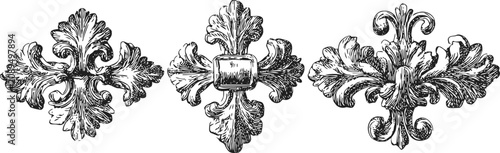 Ornate vintage floral motifs decorative antique design elements in engraving