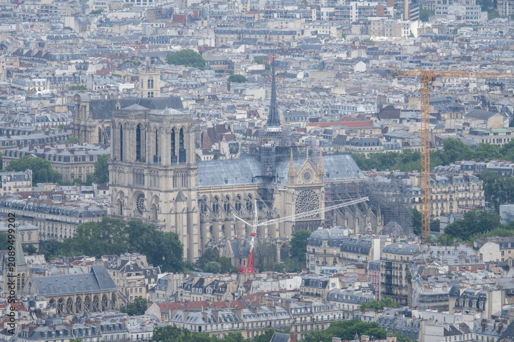 Fototapeta premium Paris, France - 17 May 25: Notre Dame Cathedral and Paris skyline from Montparnasse Tower