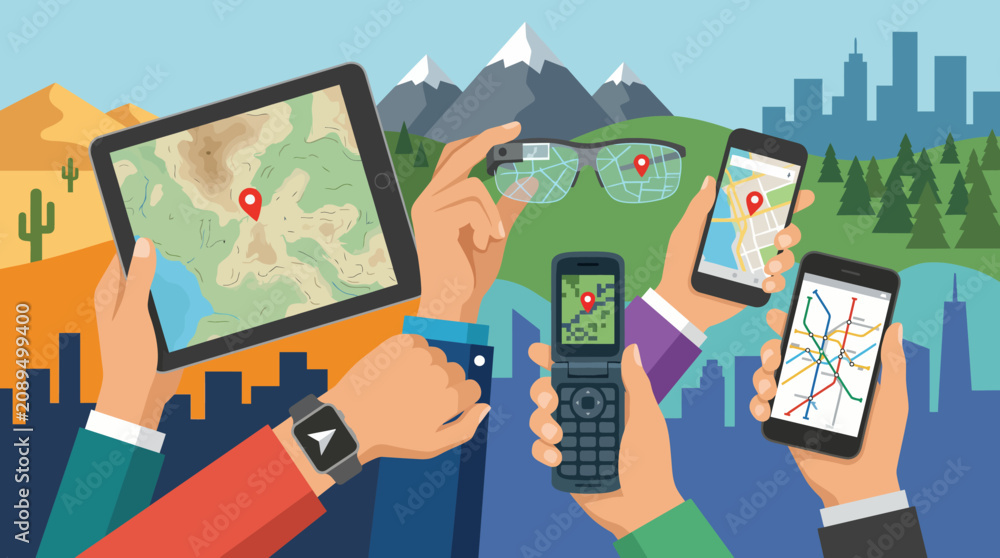 Obraz premium A colorful illustration showing diverse hands holding multiple technology devices, highlighting the integration of technology in our everyday lives and navigation.