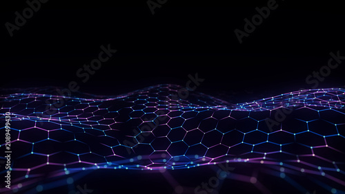 Colors hexagon wave with motion dots and lines. Abstract digital background. Concept connection big data. Futuristic technology backdrop. 3D rendering.