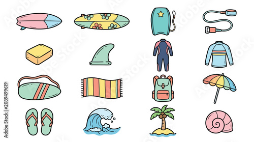 Bild auf Leinwand A vibrant collection of colorful cartoon-style illustrations depicting various beach and surfing accessories, perfect for summer themes