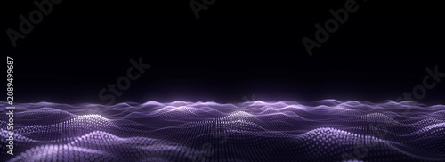 Colors wave with motion dots and lines. Abstract digital background. Concept connection big data. Futuristic technology backdrop. 3D rendering.
