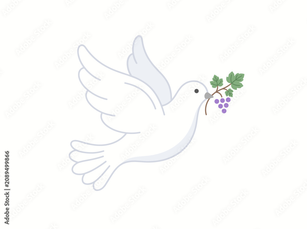 Fototapeta premium White Dove Carrying Grape Branch Flat Vector Illustration