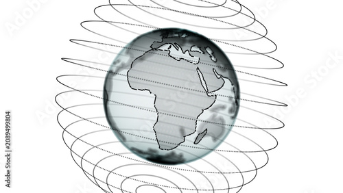 Abstract sci-fi planet Earth with particles and lines. Technology network connection on world. Global digital connections ai. 3D virtual wireframe geometric sphere. 3D rendering.