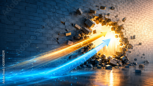 Strategic growth and future planning illustrated by dynamic montage of arrows breaking through brick wall toward 2027, symbolizing innovation and breakthrough success