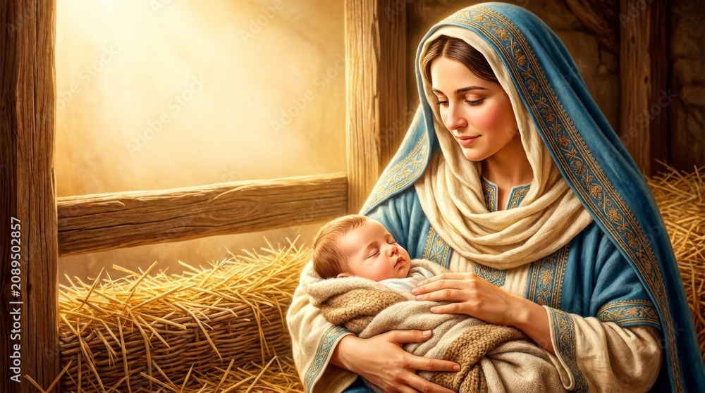 Fototapeta premium The blessed virgin mary cradles baby jesus under the guiding star, depicting the nativity scene with a soft, warm glow. illustration
