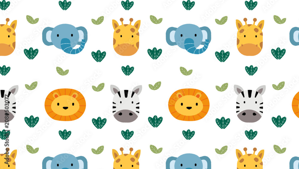 Obraz premium Safari animals seamless cartoon pattern. Seamless animal elephant, lion, zebra, giraffe pattern elements vector illustration set for kids design.
