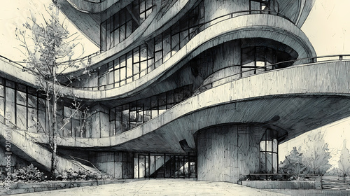 Elegant Charcoal Building Sketch Blueprint Art Composition