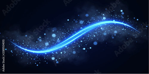 Tablou pe pânză A luminous blue energy wave gracefully sweeps across a dark background, scattering tiny, glowing particles and ethereal mist, creating a sense of magical motion and cosmic wonder